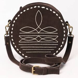 Genuine Leather Western Canteen Bag - Round Crossbody for Women Brown